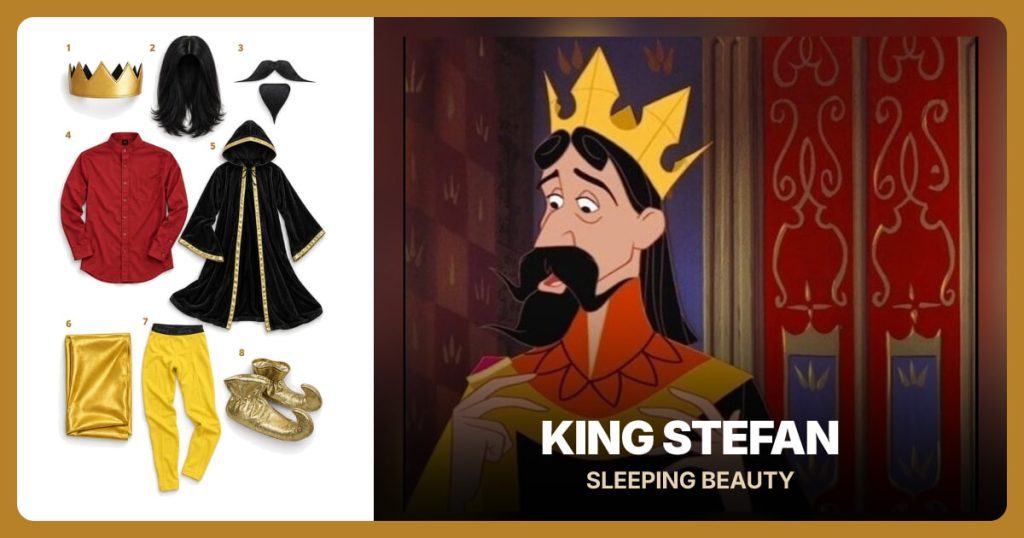 Pointed Gold Crown, Long Black Wig, Pointed Mustache and Goatee and Red Mandarin Collar Shirt beside King Stefan