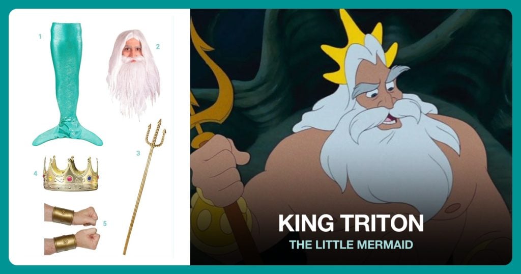 Mermaid Tail, White Hair and Beard, Golden Trident and King Crown beside King Triton
