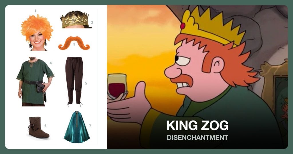 Orange Hair Wig, King Crown, Fake Moustache and Medieval Tunic beside King Zog