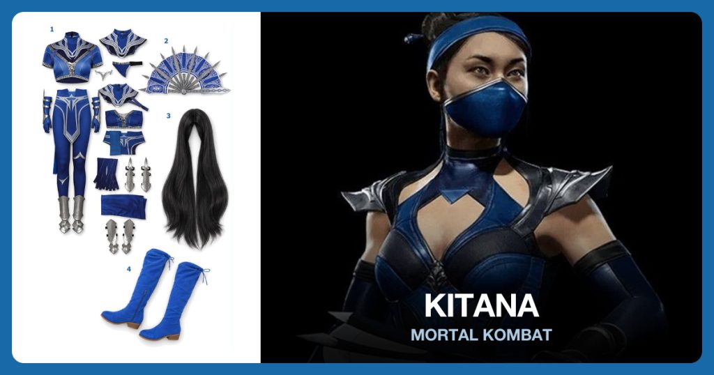 Kitana Costume Set, Kitana Fan Blades, Long Black Wig and Blue Thigh High Boots beside Kitana