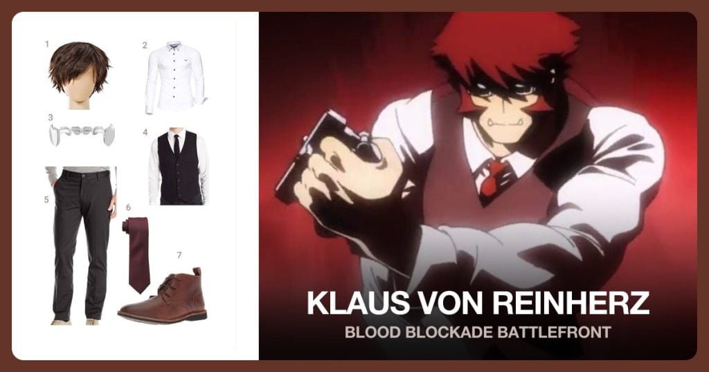 Brown Hair Wig, White Button Down Shirt, Bottom Fang Grillz and Black Vest beside Klaus Von Reinherz