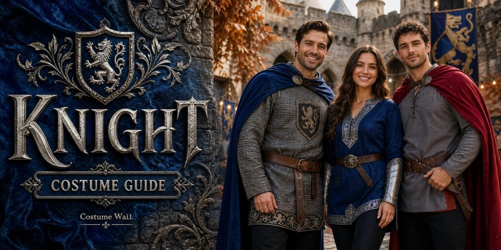 Metallic Chainmail Tunic, Blue Medieval Tunic, Gray Long-Sleeve Shirt and Black Dress Pants beside Knight