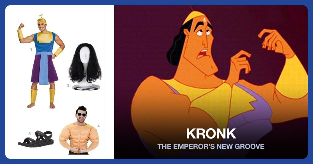 Black Hair Wig, Kronk Mens Costume, Muscle Suit and 2 Strap Sandal beside Kronk