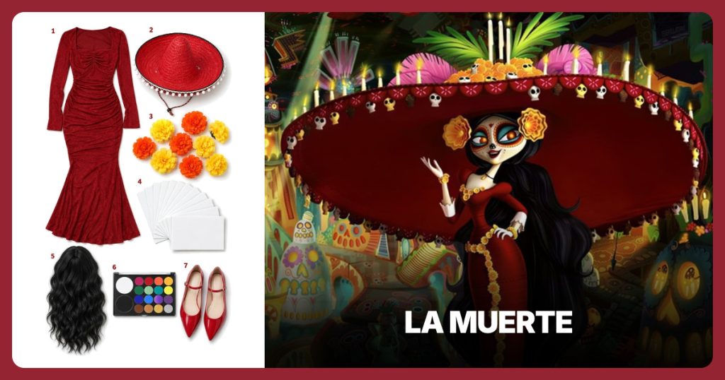 Red Long-Sleeve Maxi Dress, Red Sombrero, Marigold Flower Heads and White Craft Foam beside La Muerte