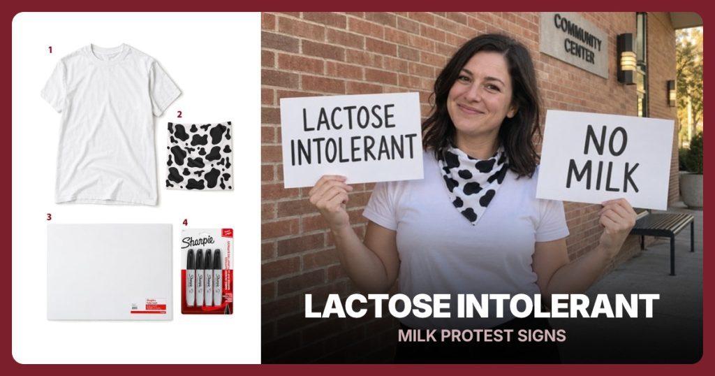 White T-Shirt, Cow Print Bandana, White Poster Board and Black Chisel Markers beside Lactose Intolerant