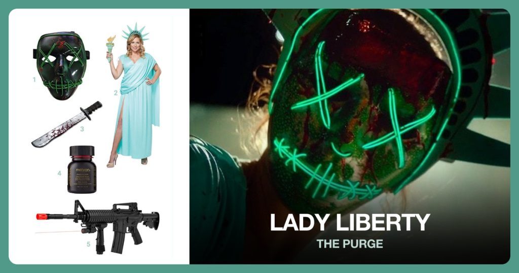 Wire Mask, Lady Liberty Costume, Machete Prop and Fake Blood beside Lady Liberty