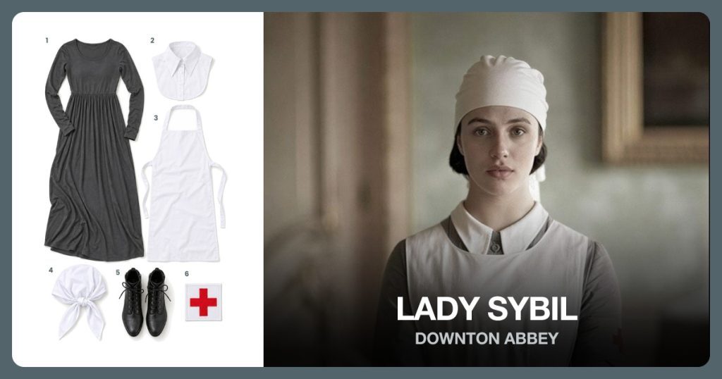 Gray Long Sleeve Dress, White Detachable Collar, Long White Bib Apron and White Head Scarf beside Lady Sybil