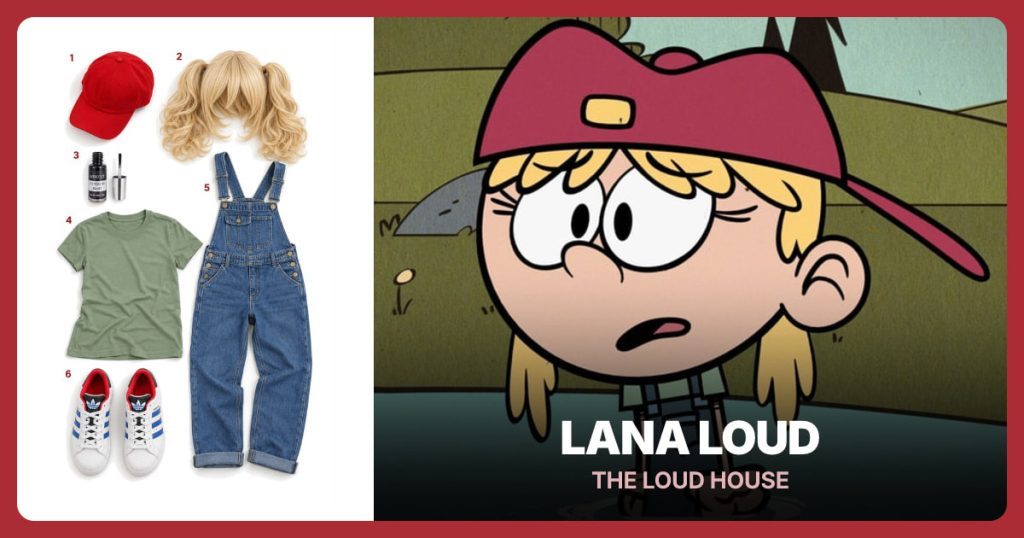 Red Baseball Cap, Blonde Pigtail Wig, Black Tooth Paint and Sage Green T-Shirt beside Lana Loud