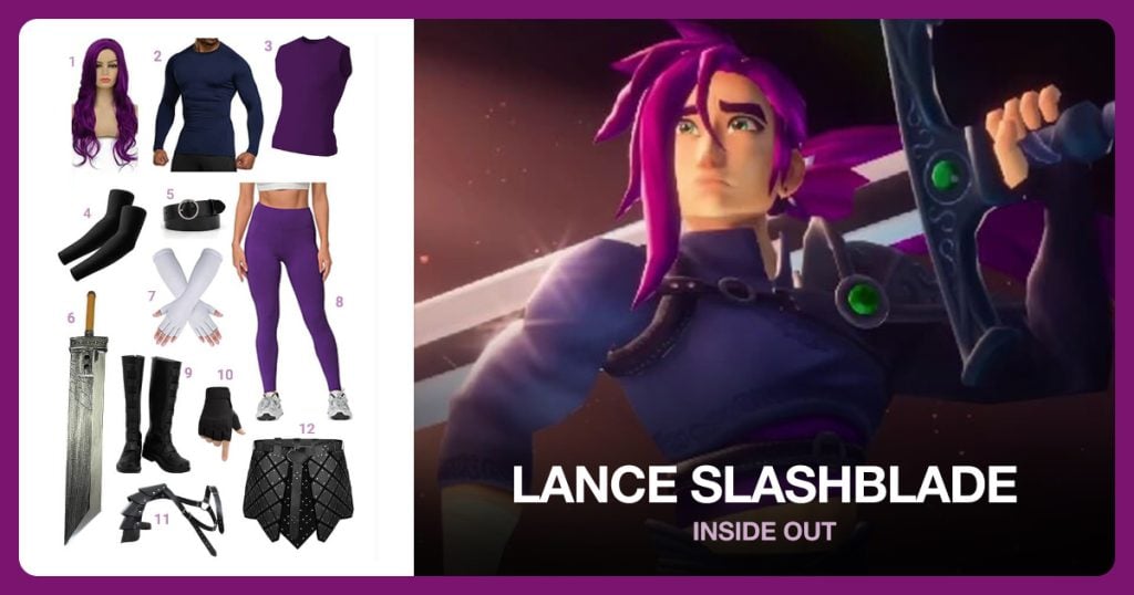 Long Wavy Purple Wig, Blue Long Sleeve Compression Shirt, Purple Compression Tank Top and Black Arm Sleeves beside Lance Slashblade