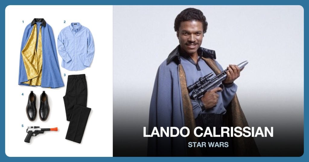 Bespin Blue Gold Lined Cape, Light Blue High Collar Shirt, Black Flat Front Trousers and Black Dress Boots beside Lando Calrissian