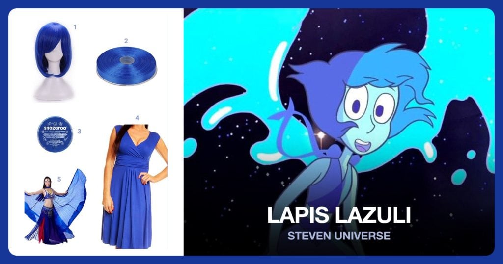 Costume Party Wigs, Royal Blue Solid Satin Ribbon, Classic Face Paint and Women’s V-Neck Sleeveless Dress beside Lapis Lazuli