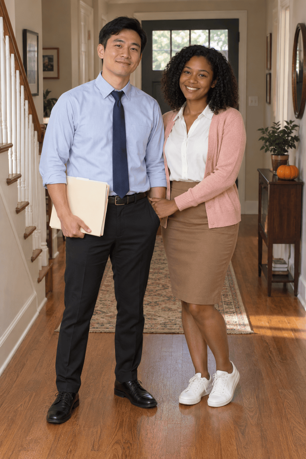 Two costumers wearing Jim’s blue shirt and tie and Pam’s pink cardigan and brown skirt