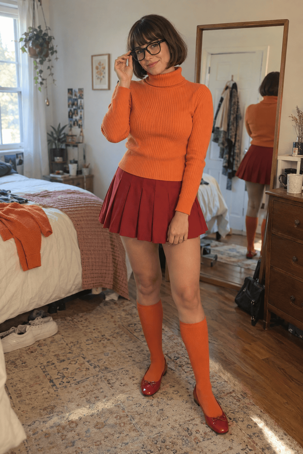 Woman getting ready in a DIY Velma costume