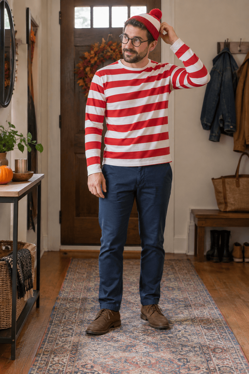 Man wearing a striped last-minute costume with a knit hat and round glasses
