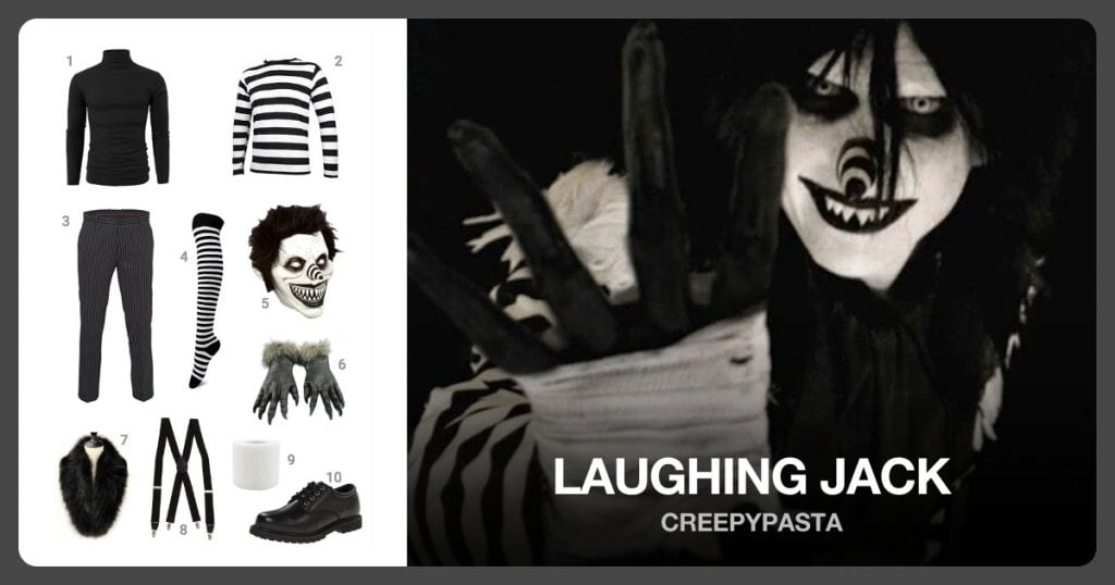 Black Turtleneck (Cut-off bottom), Striped Black and White Shirt, Pinstripe Pants and Striped Socks beside Laughing Jack
