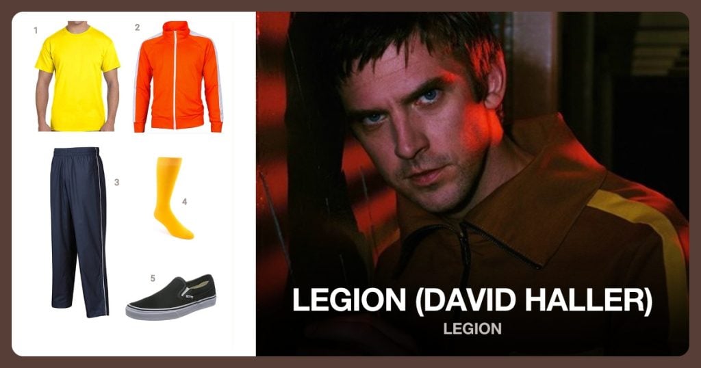 Men’s Short Sleeve Tee, Zip-up Track Top Jacket, Windproof Warm Pant and Men’s Dress Socks beside Legion (David Haller)