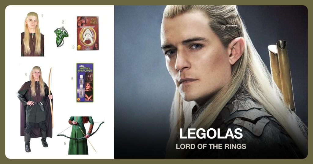 Legolas Wig, Leaf Clasp, Elf Ear Tips and Legolas Costume beside Legolas