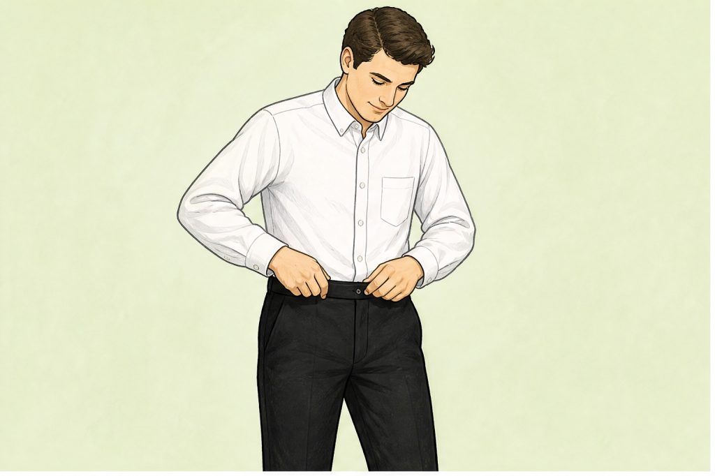 put on white shirt and black trousers