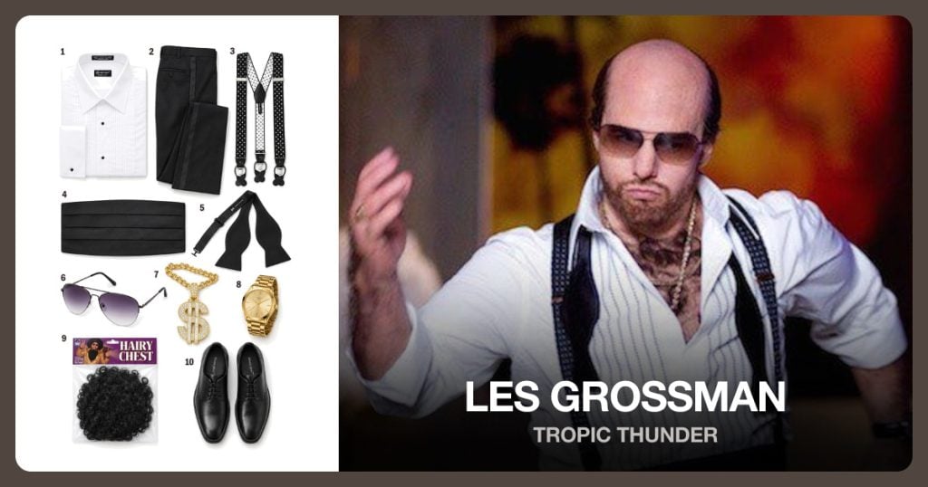 White Tuxedo Shirt, Black Tuxedo Pants, Polka Dot Suspenders and Black Satin Cummerbund beside Les Grossman