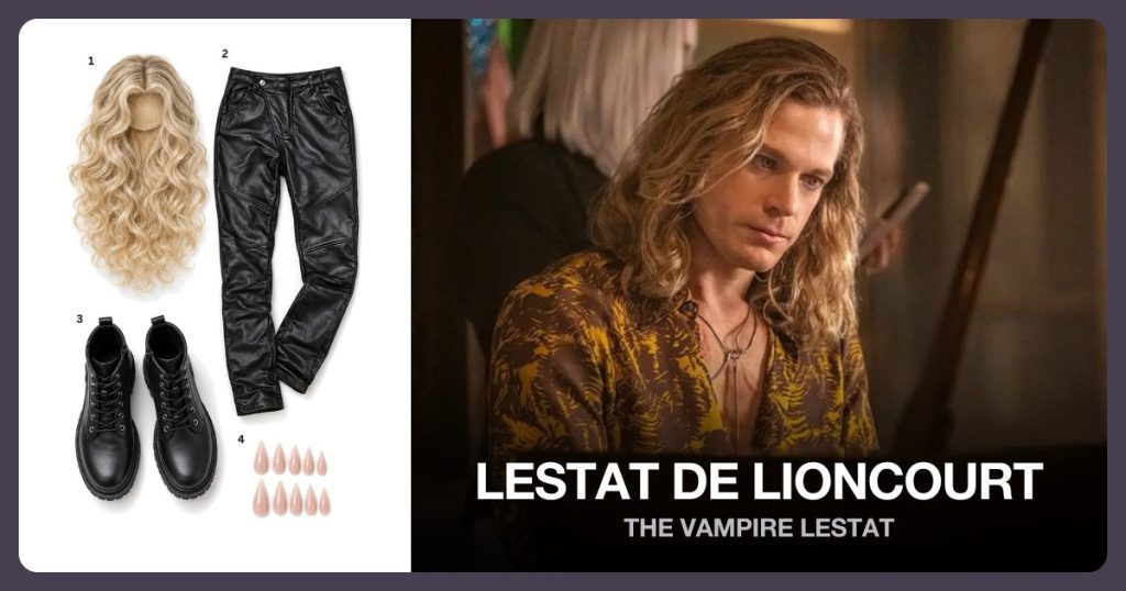 Long Wavy Blond Wig, Black Faux Leather Pants, Combat Boots and Vampire Claw Nails beside Lestat de Lioncourt
