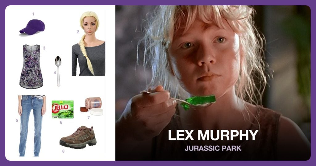 Lex Murphy costume from Jurassic Park: Purple Baseball Cap, Blonde Braided Pony Tail Wig, Purple Paisley Tank Top, Silver Dessert Spoon