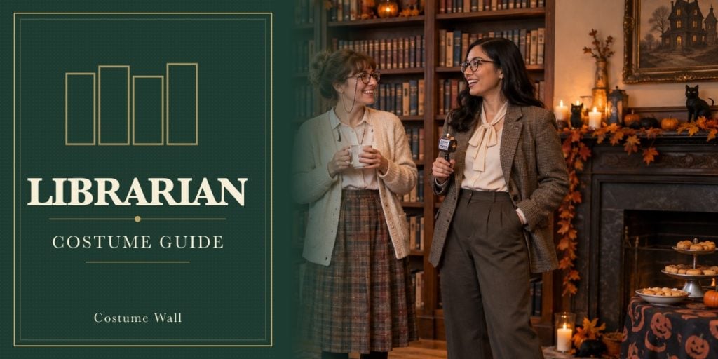 Green Cardigan, Brown Cardigan, Tweed Blazer and White Collared Blouse beside Librarian