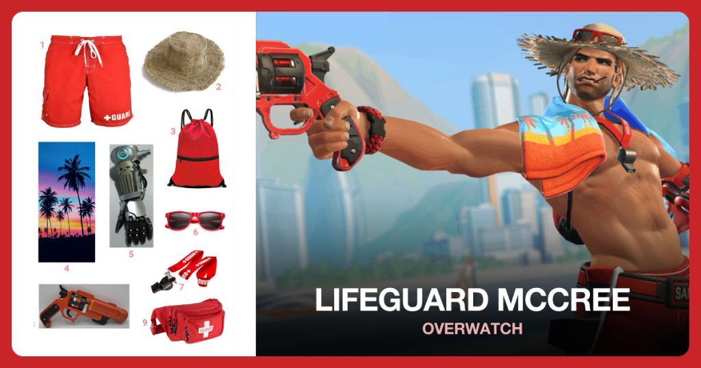 Lifeguard Shorts, Straw Hat, Red Drawstring Bag and Beach Towel beside Lifeguard McCree