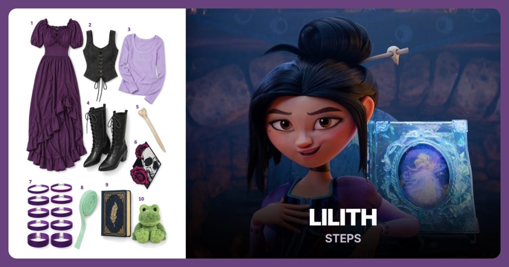 Purple Puff-Sleeve Dress, Black Lace-Up Bodice, Lavender Long-Sleeve Top and Black Lace-Up Boots beside Lilith