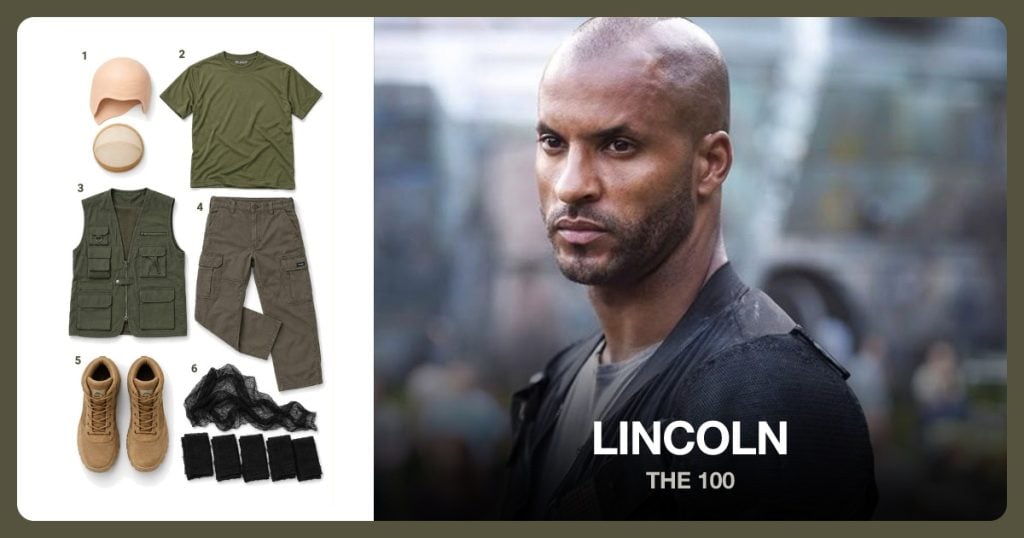 Bald Costume Cap, Olive Short Sleeve T-Shirt, Olive Utility Vest and Olive Cargo Pants beside Lincoln