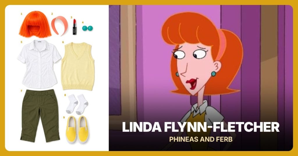 Orange Bob Wig, Peach Headband, Red Lipstick and Teal Stud Earrings beside Linda Flynn-Fletcher