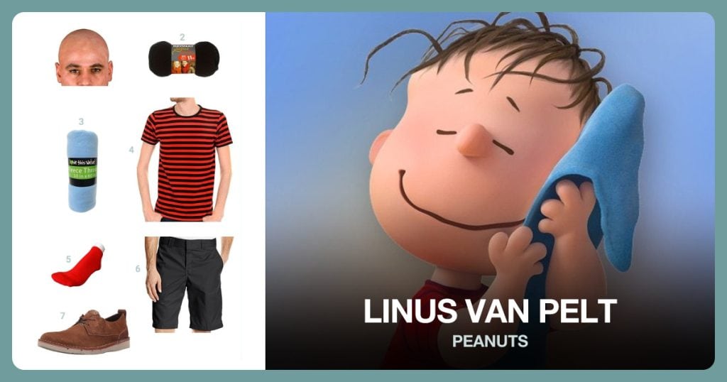 Bald Cap, Black Yarn, Blue Blanket and Red Stripe Shirt beside Linus van Pelt