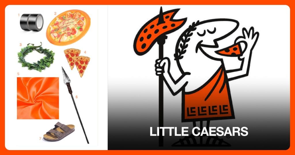 Black Duct Tape, Artificial Pizza, Green Leaf Hair Crown and Men’s Brown Sandals beside Little Caesars