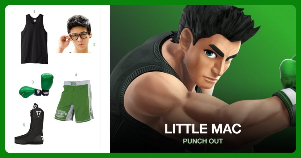 Basic Tank Top Top, Man Short Wig, Green Boxing Bag Gloves and Training Shorts beside Little Mac