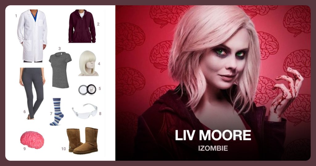 Lab Coat, Burgundy Zip Up Sweatshirt, Heather Grey Shirt and White Hair Wig beside Liv Moore