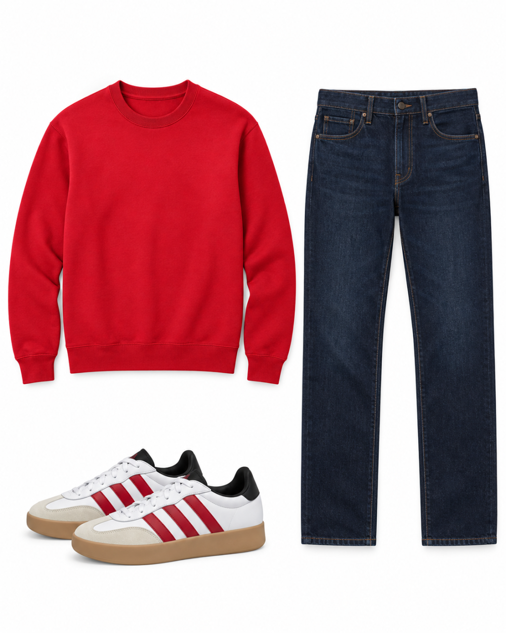 Flatlay of a deep-red men’s crewneck, dark indigo jeans and white sneakers with red stripes.