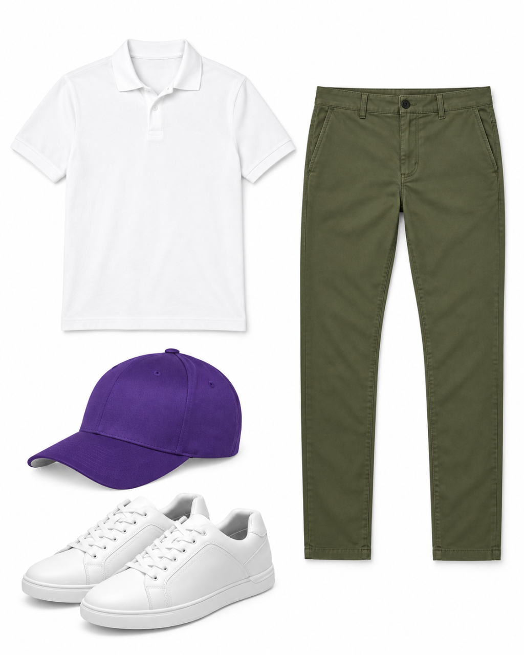 Flatlay of a white men’s polo, olive chinos, purple fitted cap and white low-top sneakers.
