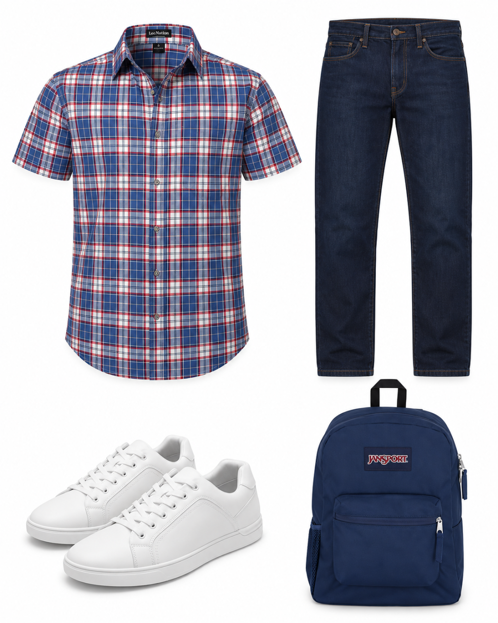 Flatlay of a red-blue-white plaid men’s shirt, dark jeans, white sneakers and a navy backpack.