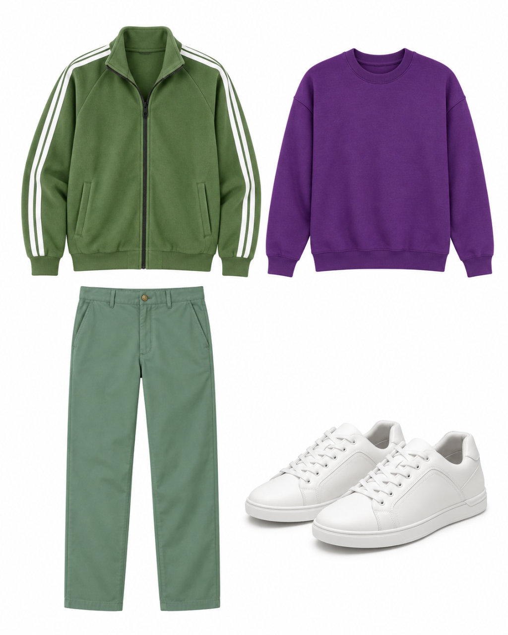 Flatlay of a green track jacket with white sleeve stripes, purple sweatshirt, dark-sage chinos and white sneakers.