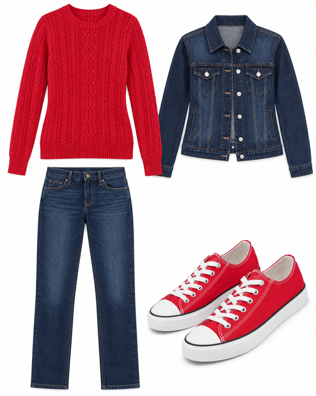 Flatlay of a red cable-knit sweater, dark denim jacket, dark jeans and red canvas sneakers.