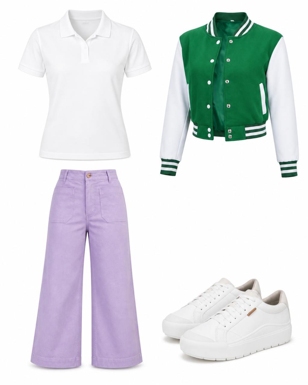 Flatlay of a white women’s polo, green-and-white varsity jacket, lavender cropped trousers and white sneakers.