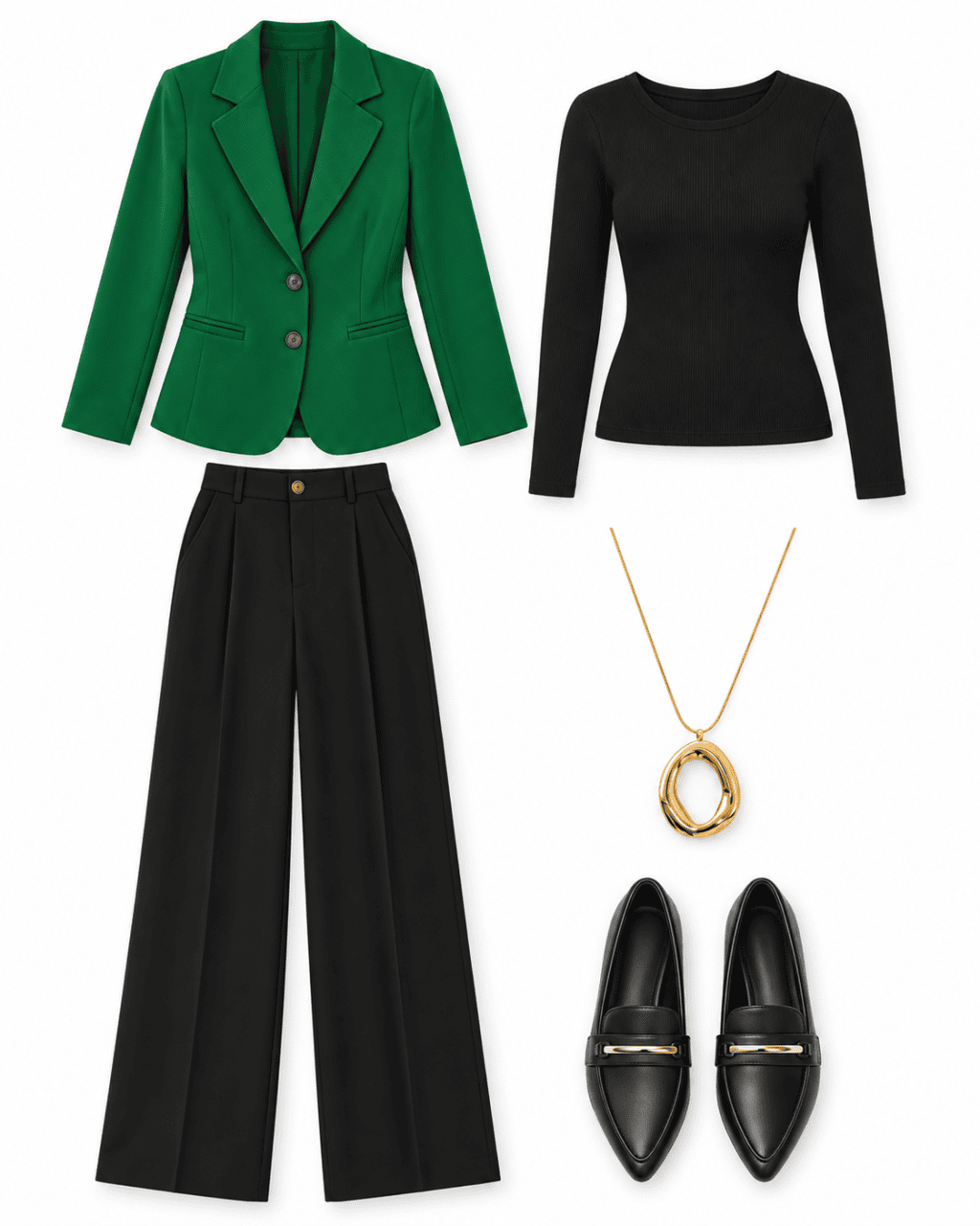 Emerald blazer, black ribbed top and wide-leg trousers with gold pendant and loafers