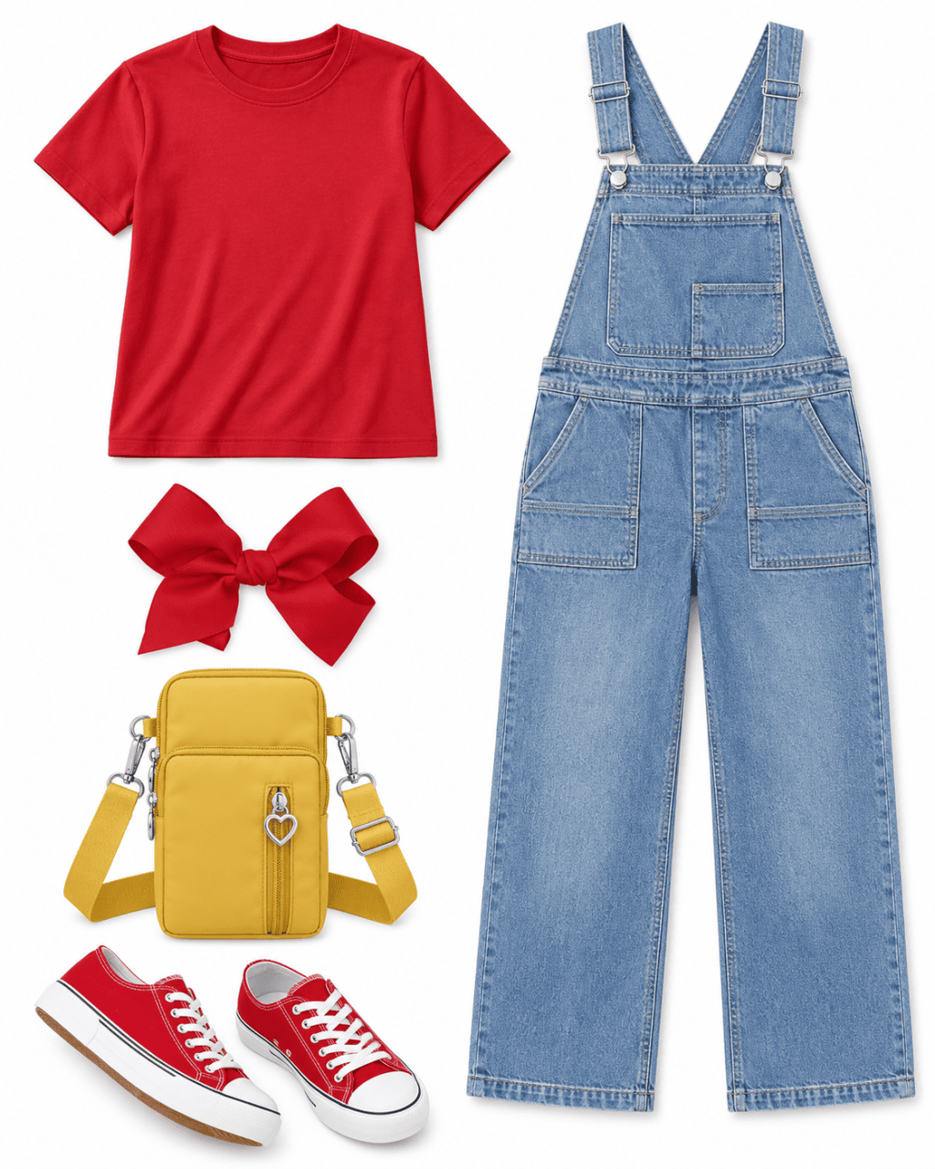 Complete red tee and blue overalls Hello Kitty-inspired flatlay