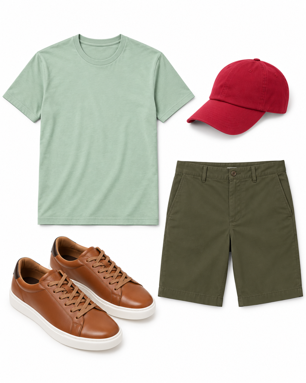 Light green short-sleeve tee, olive shorts, tan leather low-top sneakers and a red cap arranged on white