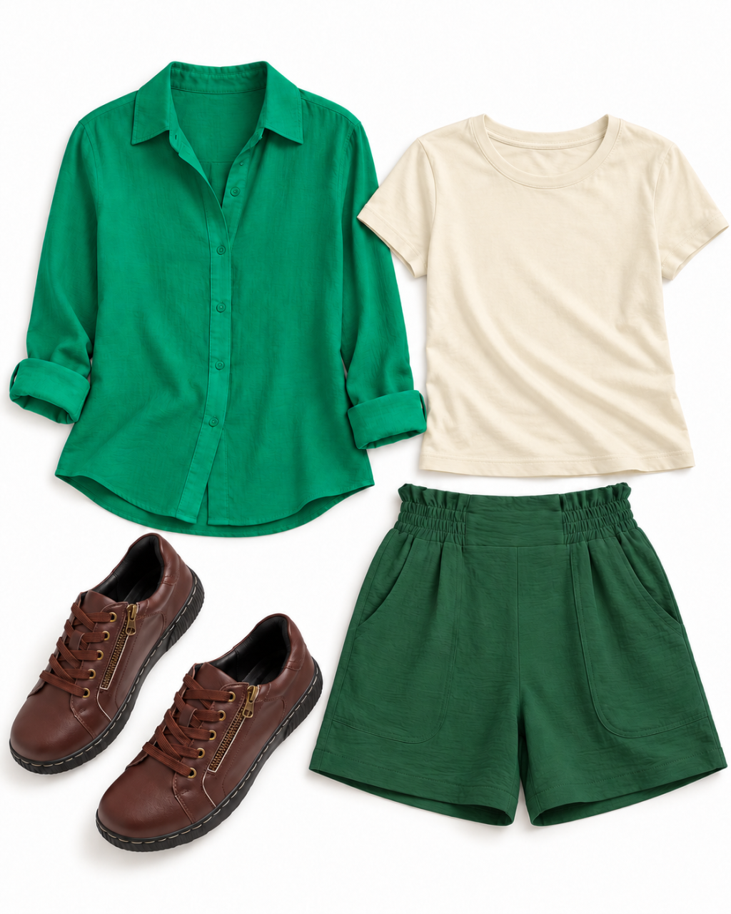 Emerald collared overshirt, cream crew-neck tee, dark green shorts and brown lace-up sneakers arranged on white