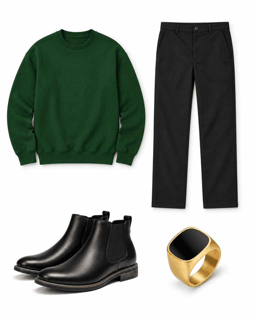 Forest-green sweatshirt, black trousers and Chelsea boots with gold signet ring