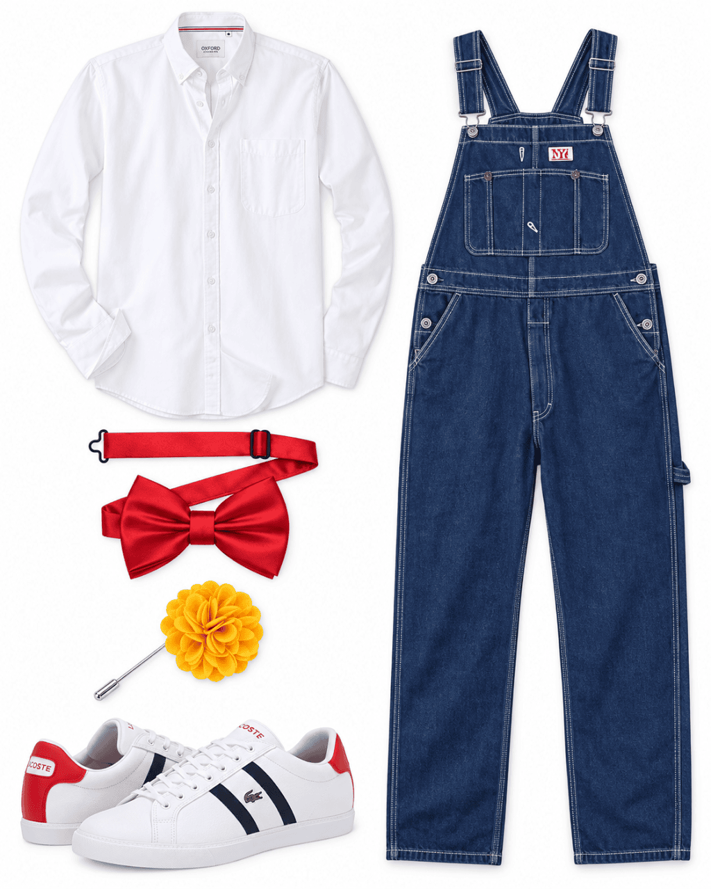 Complete white Oxford and indigo overalls Hello Kitty-inspired flatlay