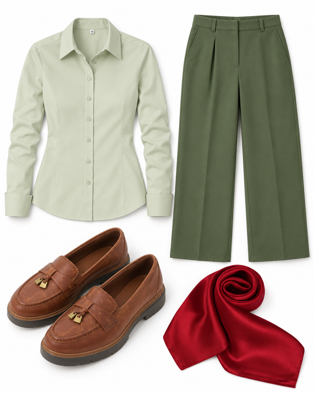 Pale sage button-front shirt, cropped olive trousers, tan tassel loafers and a burgundy silk scarf on white