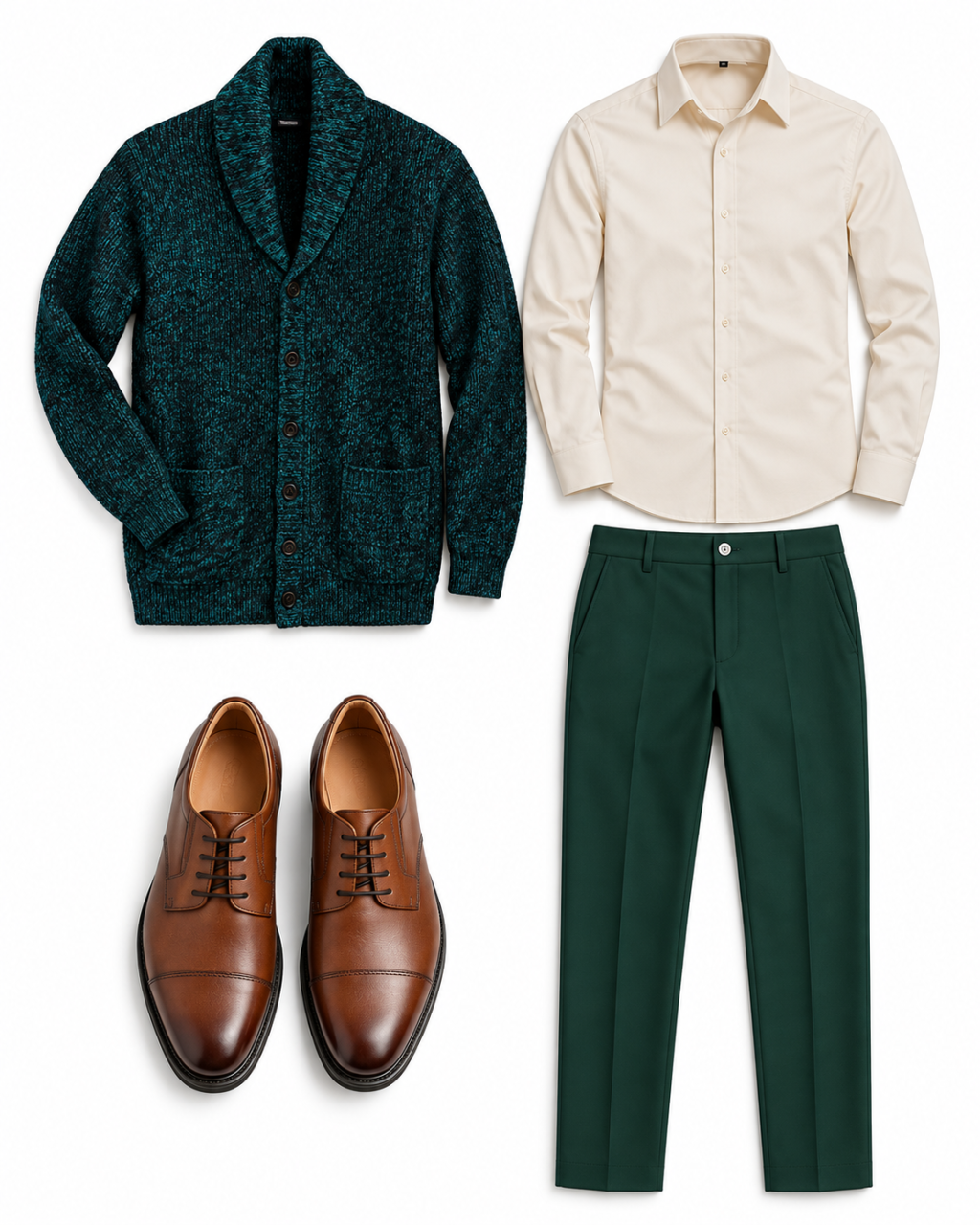 Deep teal marled shawl cardigan, cream collared shirt, dark green trousers and brown cap-toe Oxford shoes arranged on white