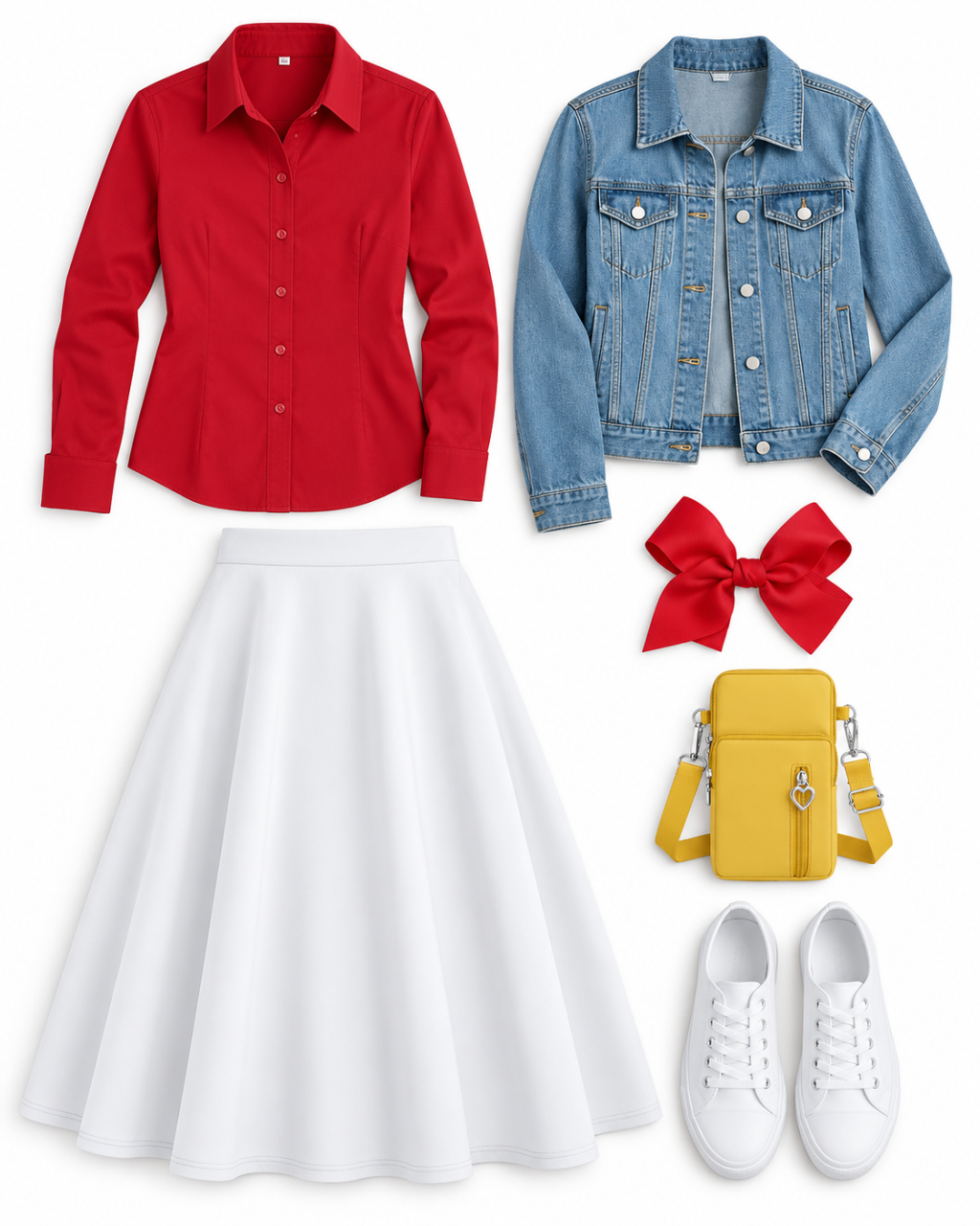 Red collared shirt, medium-blue denim jacket, white A-line midi skirt, red bow, yellow phone pouch and plain white canvas low-top sneakers arranged on white