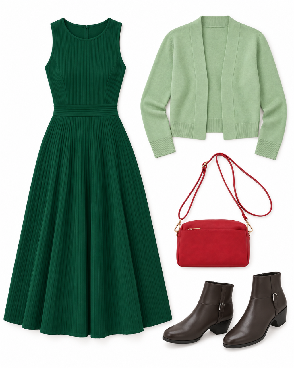 Sleeveless dark green pleated midi dress, pale sage cardigan, brown buckle ankle boots and red crossbody bag on white
